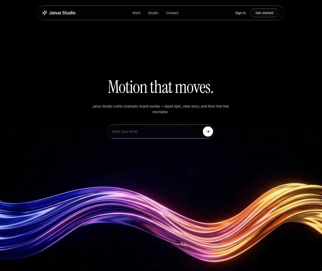 The same hero rebuilt with a liquid-light loop: “Motion that moves.” over a glossy rainbow ribbon on black