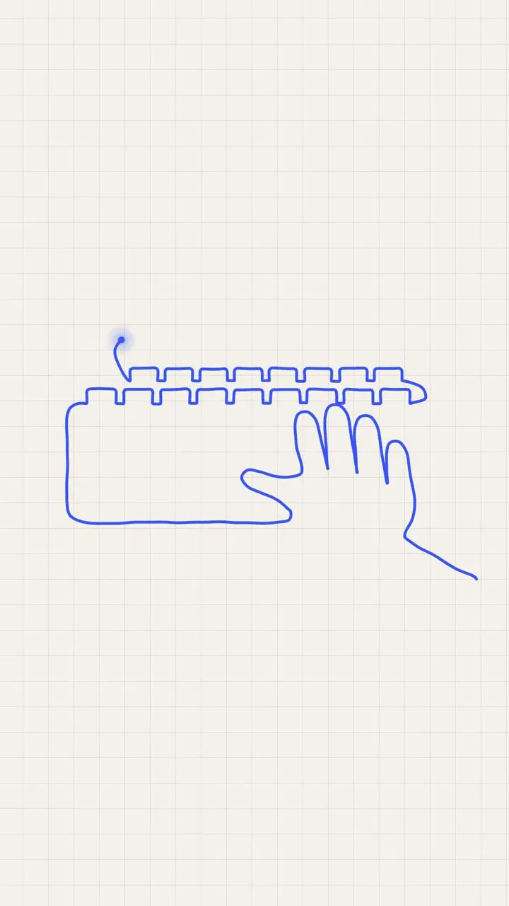 A single blue line on off-white graph paper, drawn as a hand resting on a keyboard