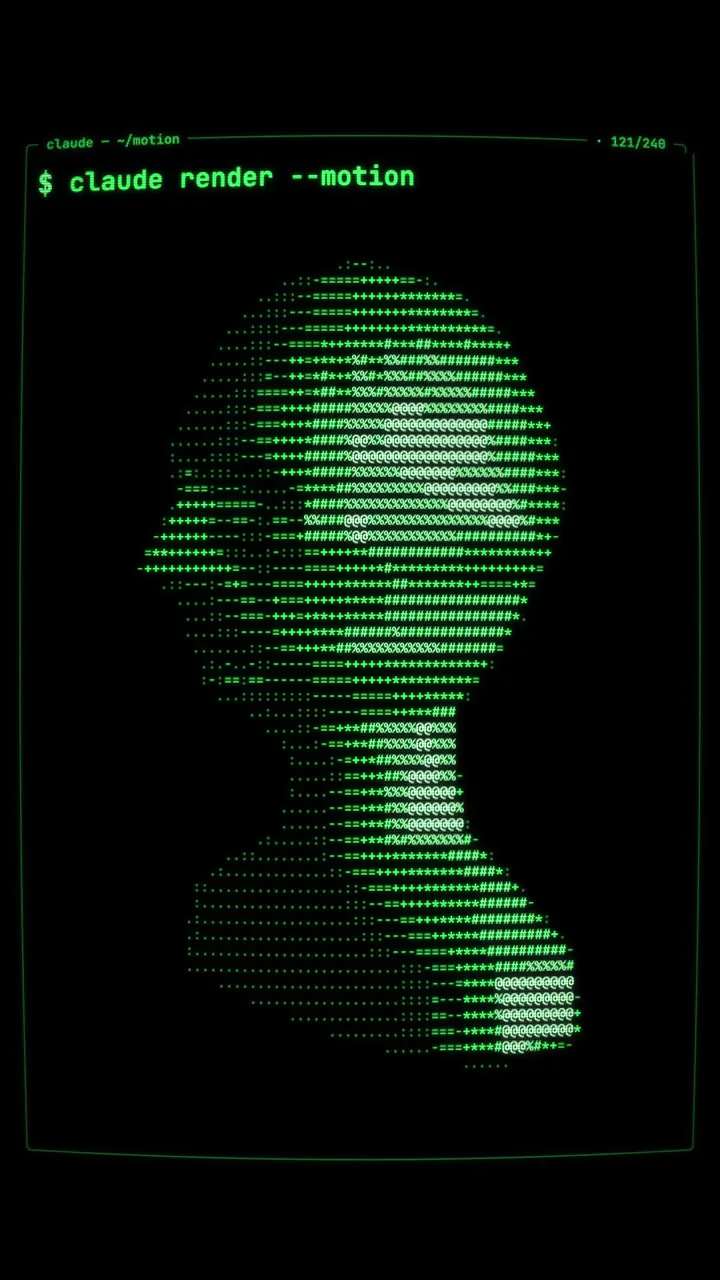 A head made of green ASCII characters inside a black terminal window, under the command “$ claude render --motion”