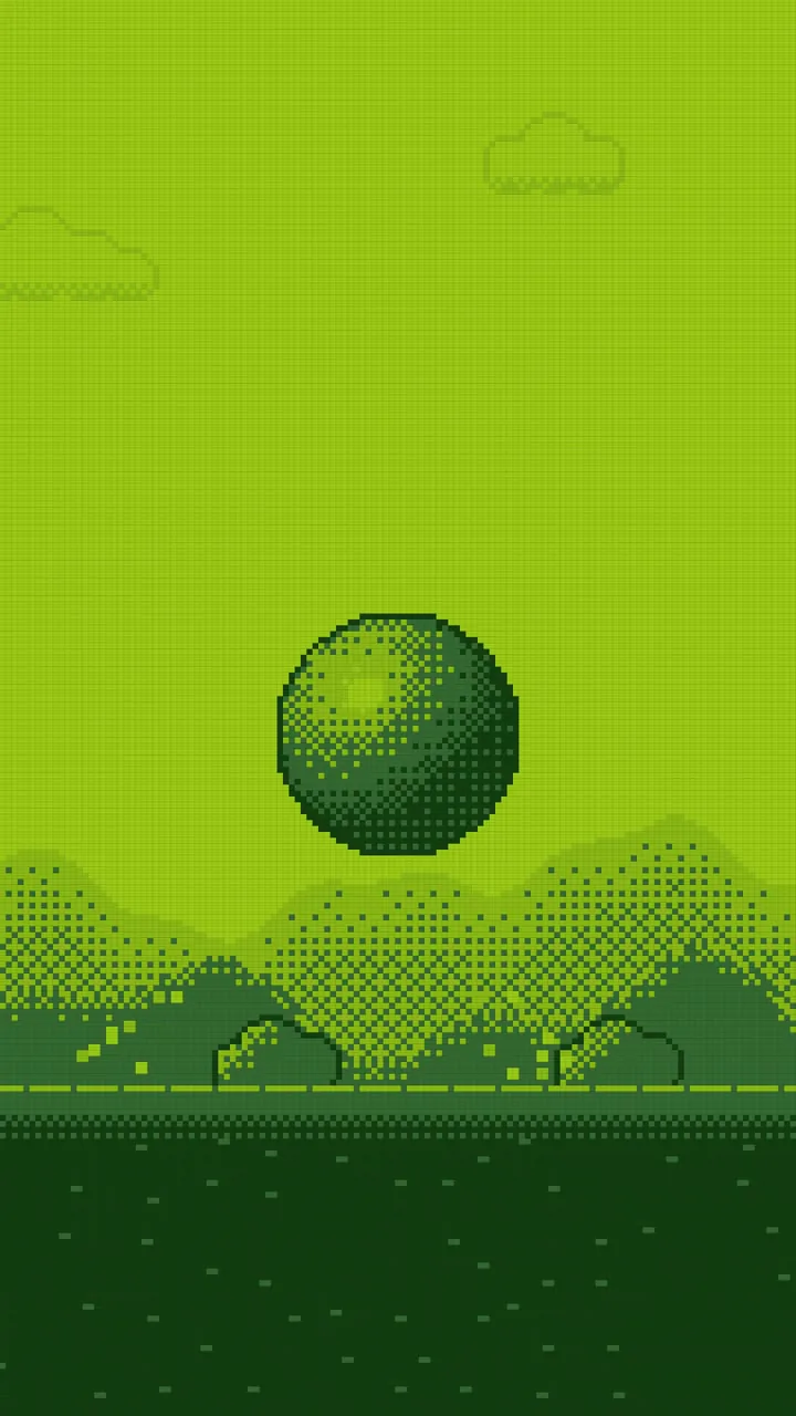 A dithered pixel ball floating over green Game Boy pixel hills