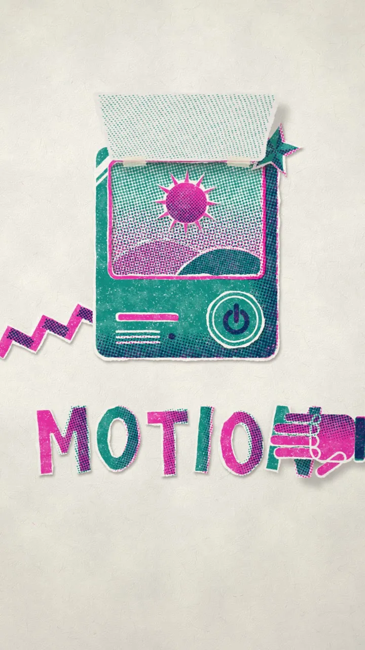 A pink and teal risograph paper cutout of a computer with a sun on its screen, above cut-paper letters spelling MOTION