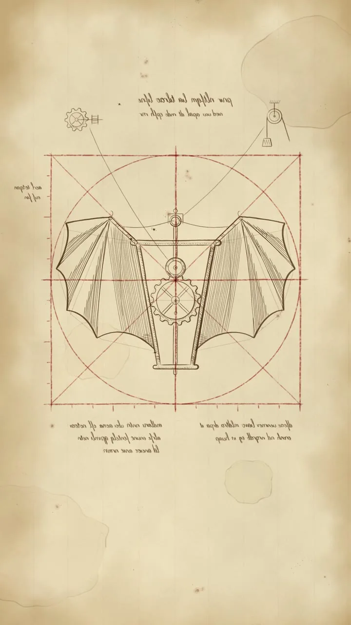 A sepia sketch of a winged flying machine inside red chalk construction lines on parchment, with mirror-written notes