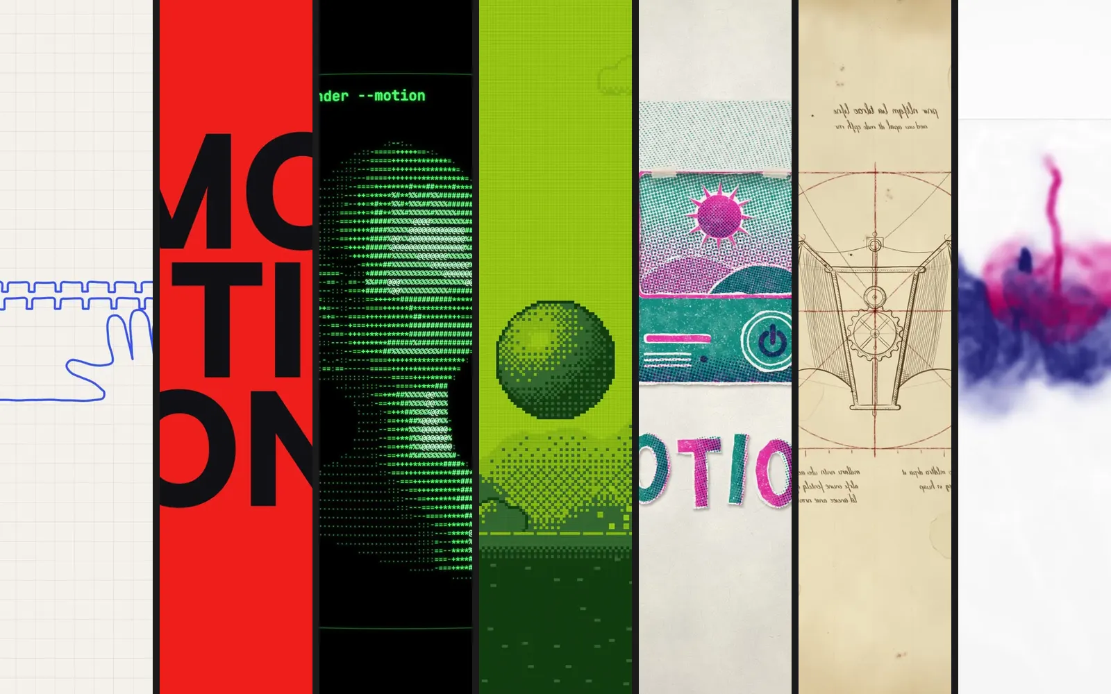 Seven vertical motion video frames side by side: a blue one-line drawing on graph paper, MOTION in black on red, a green ASCII head in a terminal, a dithered pixel ball over Game Boy hills, a pink and teal risograph cutout, a Renaissance flying machine on parchment, and indigo and magenta ink blooming in water